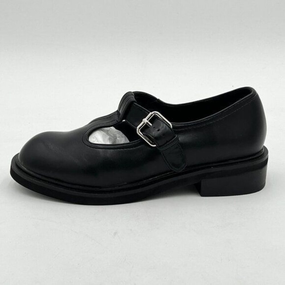 miss left Women Girls Sleek Low Heel Flats Cute Closed Round Toe T-Strap Buckle